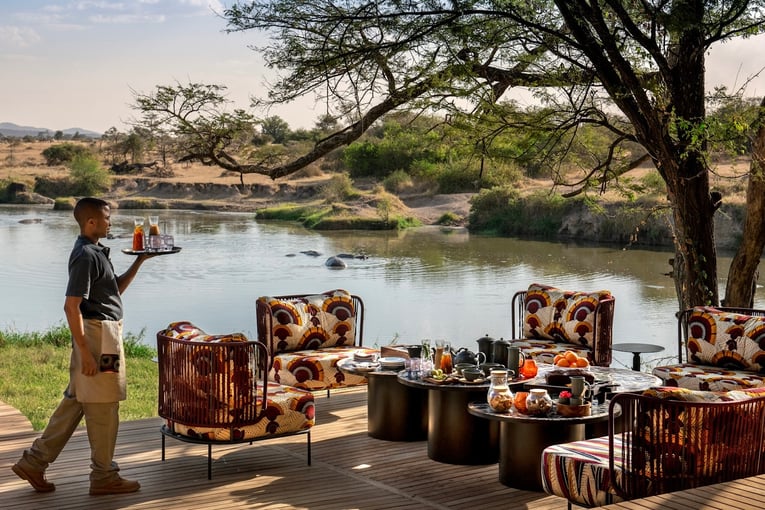 &Beyond Grumeti Serengeti River Lodge Tanzania-Grumeti-Serengeti-River-Lodge-Guest-Area-lounge-afternoon-tea-setup-Beyonder-butler