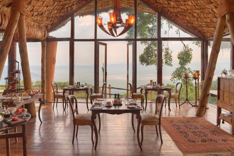 &Beyond Ngorongoro Crater Lodge handcrafted-banana-tached-dining-area-at-andbeyond-ngorongoro-crater-lodge-on-a-luxury-tanznia-safari