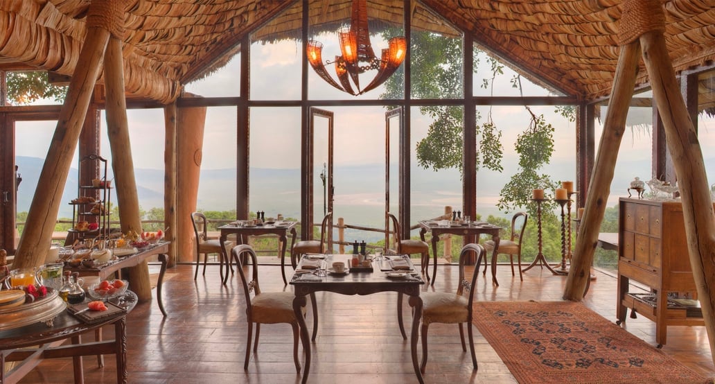 1032x554 &Beyond Ngorongoro Crater Lodge handcrafted-banana-tached-dining-area-at-andbeyond-ngorongoro-crater-lodge-on-a-luxury-tanznia-safari