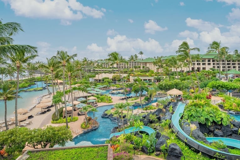 resort, bazény, palmy, tobogán