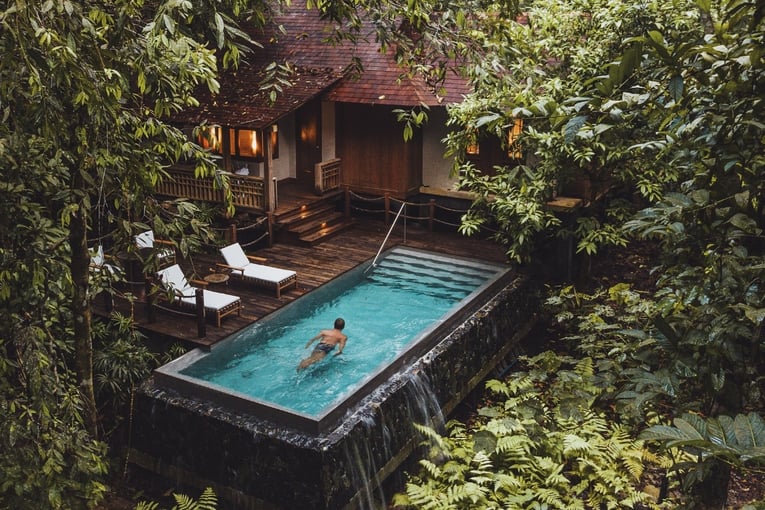 džungle, bazén, člověk, chata