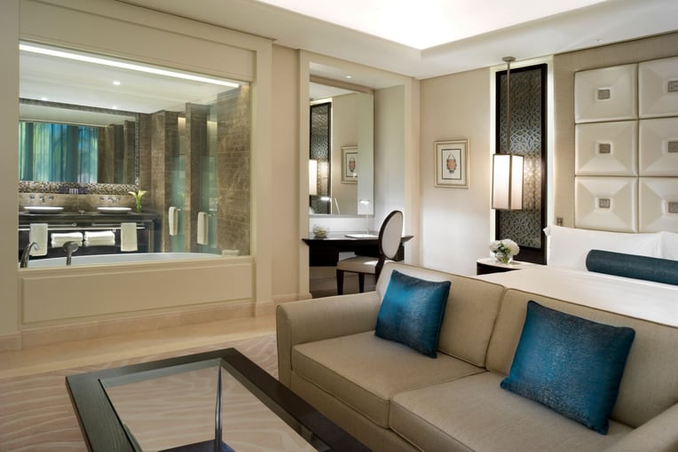 Al Bustan Palace, The Ritz Carlton 50565145-Junior Suite Bed & Bathroom-1
