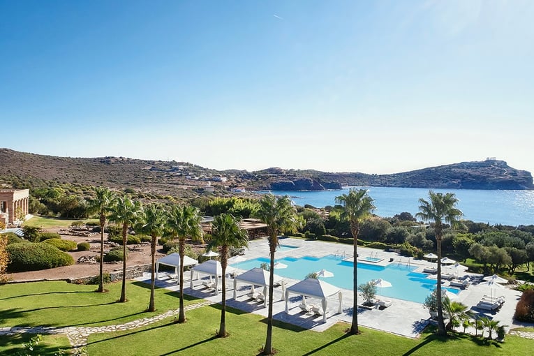 Cape Sounio 04-pools-with-gazebos-and-beach-with-temple-of-poseidon-views-27966