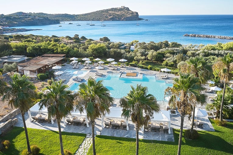 Cape Sounio 14a-pools-with-gazebos-and-beach-with-temple-of-poseidon-views-30141