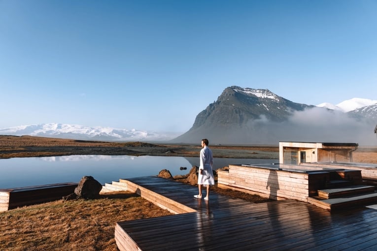 laguna, molo, muž